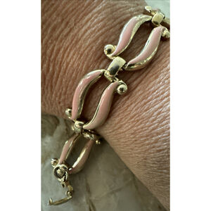 Signed Vintage Coro Enamel Pink & Gold Tone Linked Panel Bracelet 7” Long